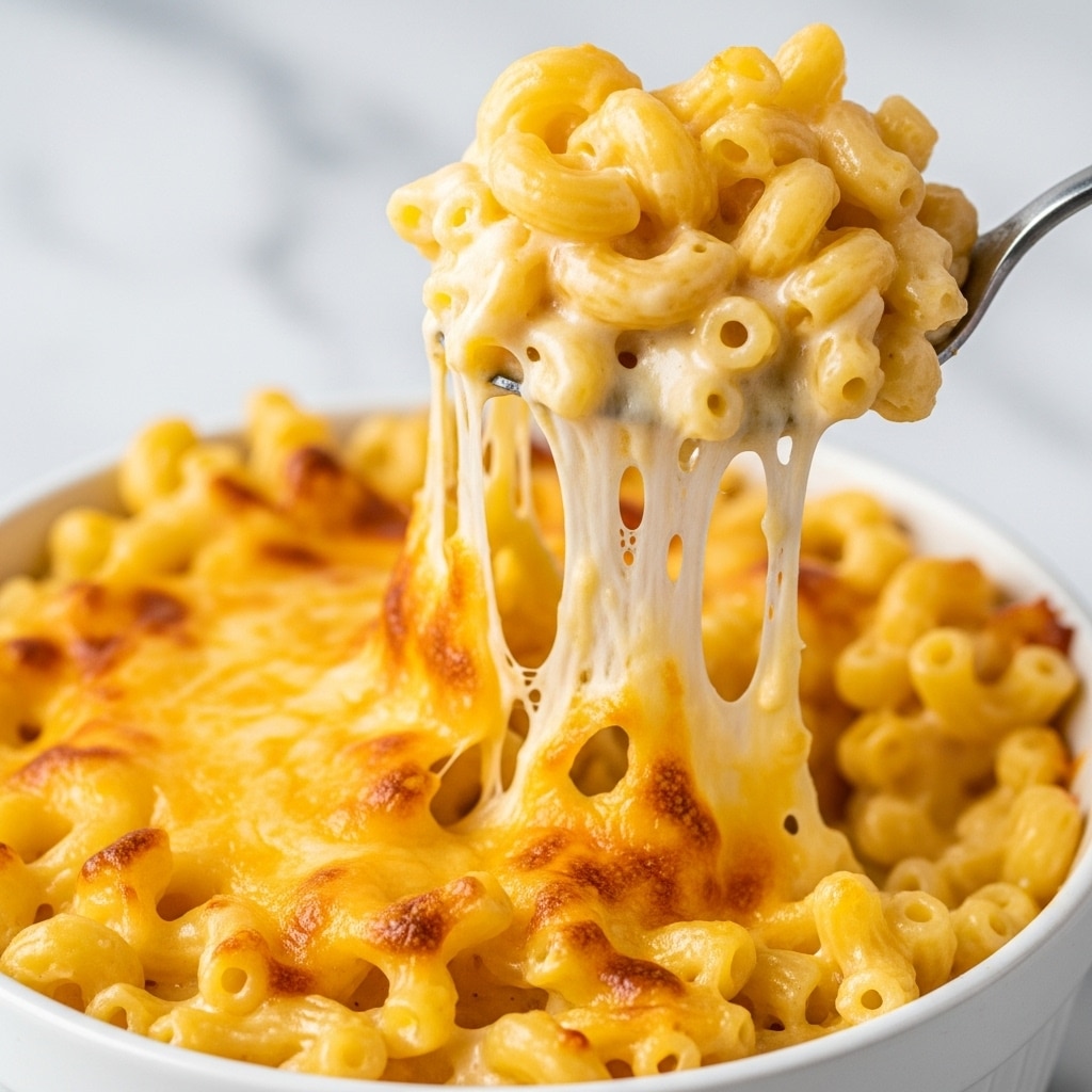 A close-up view shows a white bowl filled with creamy macaroni and cheese. The dish has one main layer of soft, yellow macaroni pasta mixed with melted cheese, creating a smooth texture. The top layer is golden brown with some small browned spots from baking. Long, stretchy cheese strands pull upward from a scoop of macaroni, showing the gooey, melted cheese connecting the scoop to the bowl. The background has a white marbled texture. Photo taken with an iphone --ar 4:5 --v 7