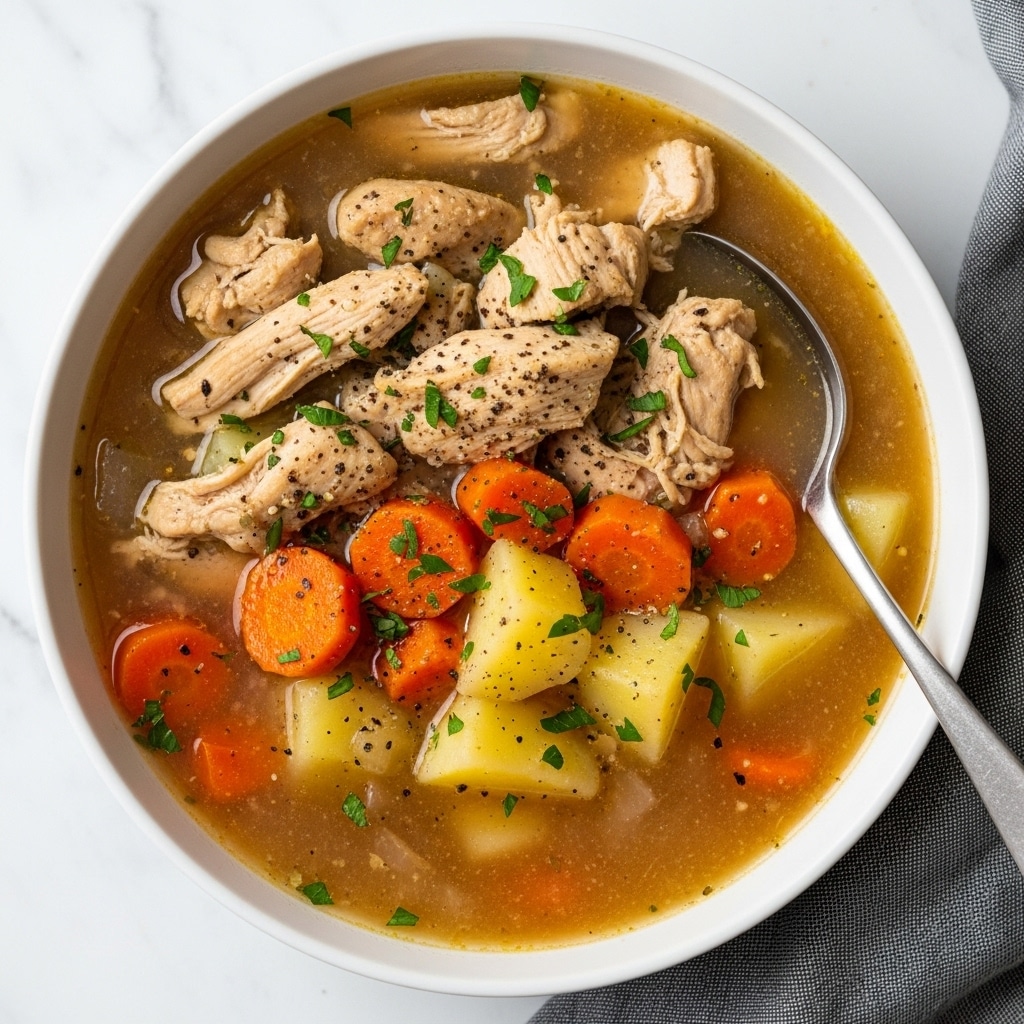 A white bowl filled with a thick stew showing three main layers: the bottom layer is a clear, light brown broth with a smooth texture; the middle layer features large, soft chunks of orange carrot and yellow potato pieces, scattered throughout; the top layer consists of tender pieces of light brown chicken, some finely chopped parsley sprinkled over, with visible black pepper bits adding texture; a silver spoon rests on the right edge of the bowl and part of a grey cloth is visible in the bottom right corner on a white marbled surface. Photo taken with an iphone --ar 4:5 --v 7