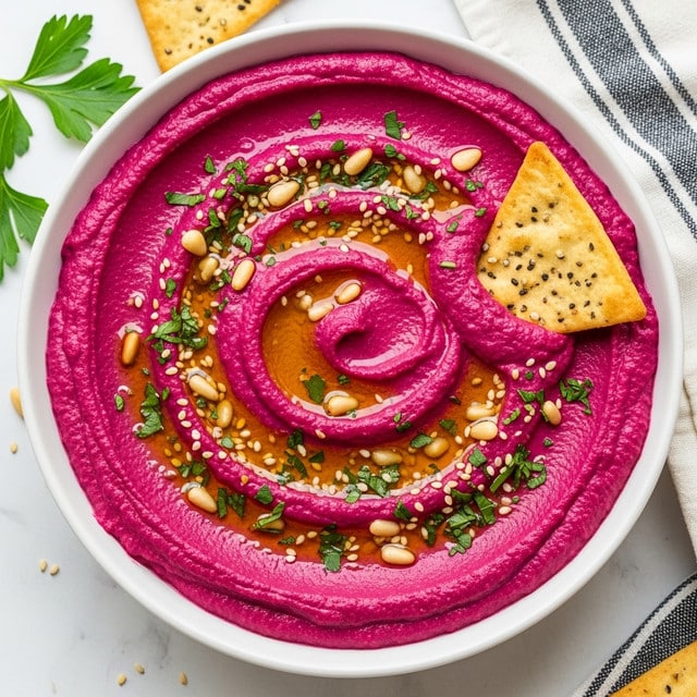 A white bowl filled with smooth, bright magenta beet hummus that has been swirled in a circular pattern, creating soft ridges on the surface. The hummus is topped with a drizzle of shiny olive oil pooling in the crevices, sprinkled with light tan pine nuts, off-white sesame seeds, and small flecks of chopped green parsley scattered evenly over the top. A triangular pale golden cracker, speckled with small black pepper bits, is dipping into the hummus on the right side of the bowl. The bowl is set on a white marbled surface with hints of fresh green parsley leaves and part of a black and white striped cloth visible nearby. photo taken with an iphone --ar 4:5 --v 7