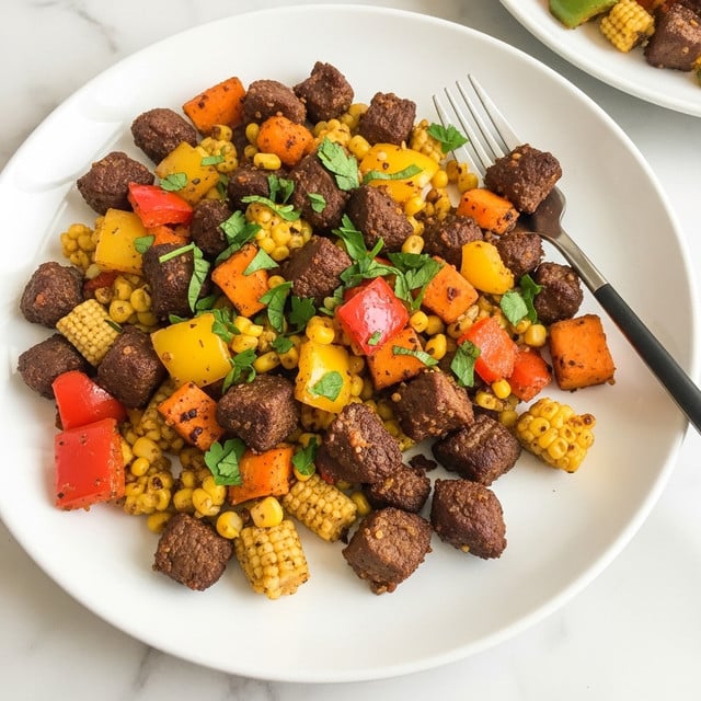 A white plate holds a colorful mix of diced cooked ingredients, primarily featuring dark brown chunks of meat with a slightly crispy texture scattered all over. Bright yellow and red cubes of bell peppers add vibrant color to the dish, mixed evenly through the meat. Small pieces of golden-yellow cooked corn and soft orange chunks, likely sweet potatoes, create extra layers of texture and color. The whole dish is topped with fresh green chopped herbs, giving a fresh, leafy contrast. A silver fork with a black handle rests on the plate, with a few pieces picked up on it. The setting is on a white marbled surface with part of a white plate with more food visible in the background. photo taken with an iphone --ar 4:5 --v 7