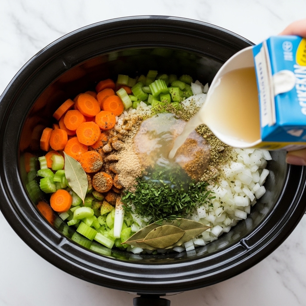 A black slow cooker filled with several layers of ingredients including bright orange carrot slices, light green celery pieces, white chopped onions, dark green herbs, and bay leaves, topped with a sprinkle of ground spices. Clear chicken broth is being poured from a carton held by a woman's hand into the slow cooker, creating a slight swirl in the liquid. The whole scene is set on a white marbled surface, with the slow cooker taking up most of the frame. photo taken with an iphone --ar 4:5 --v 7