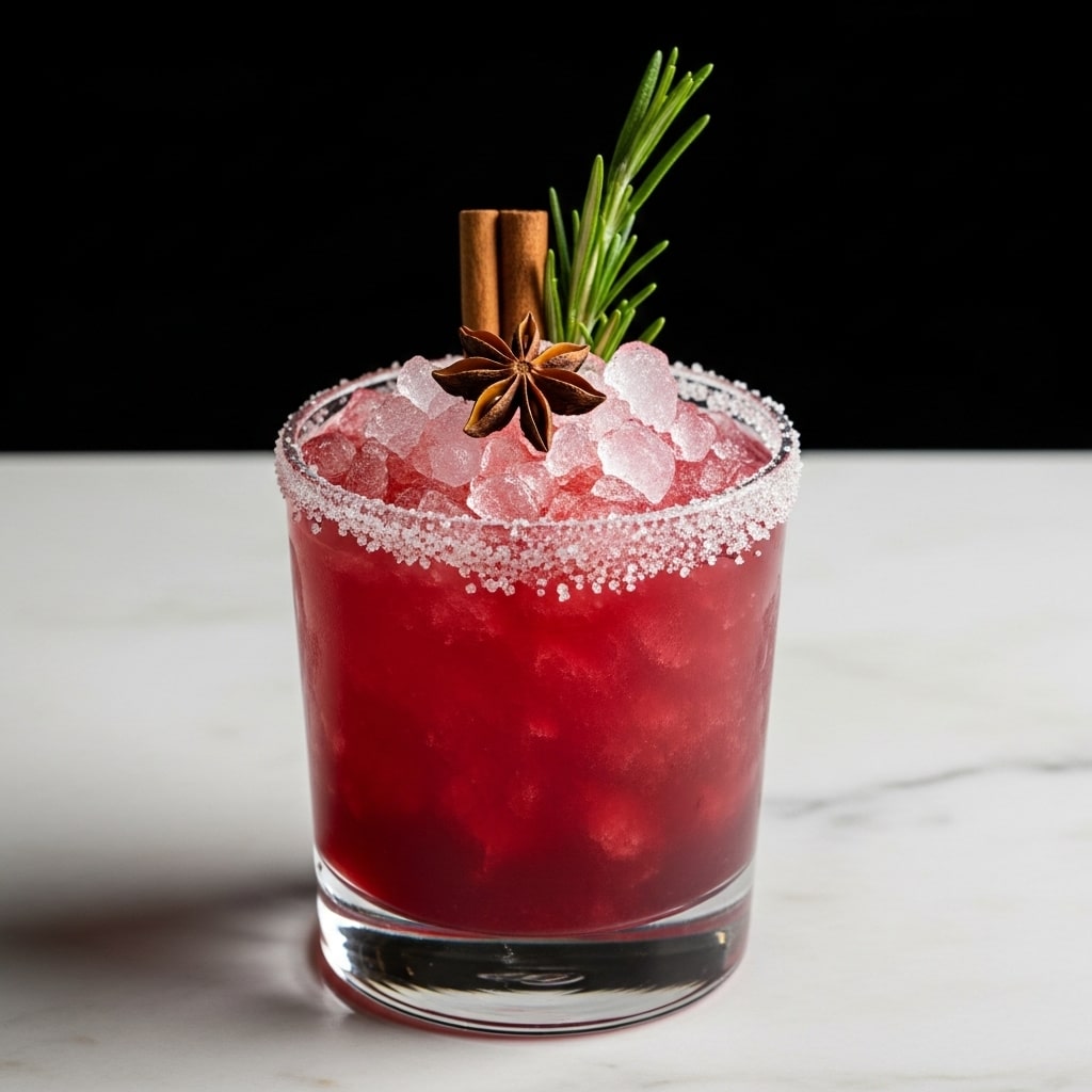 A short clear glass holds a deep red drink filled almost to the top with crushed ice. The rim of the glass is thickly coated with granulated sugar, creating a frosted texture. On top of the ice sits a small bundle of garnishes: two brown cinnamon sticks, a dark brown star anise, and a few fresh green rosemary sprigs standing upright. The glass is set against a black background on a white marbled surface. photo taken with an iphone --ar 4:5 --v 7