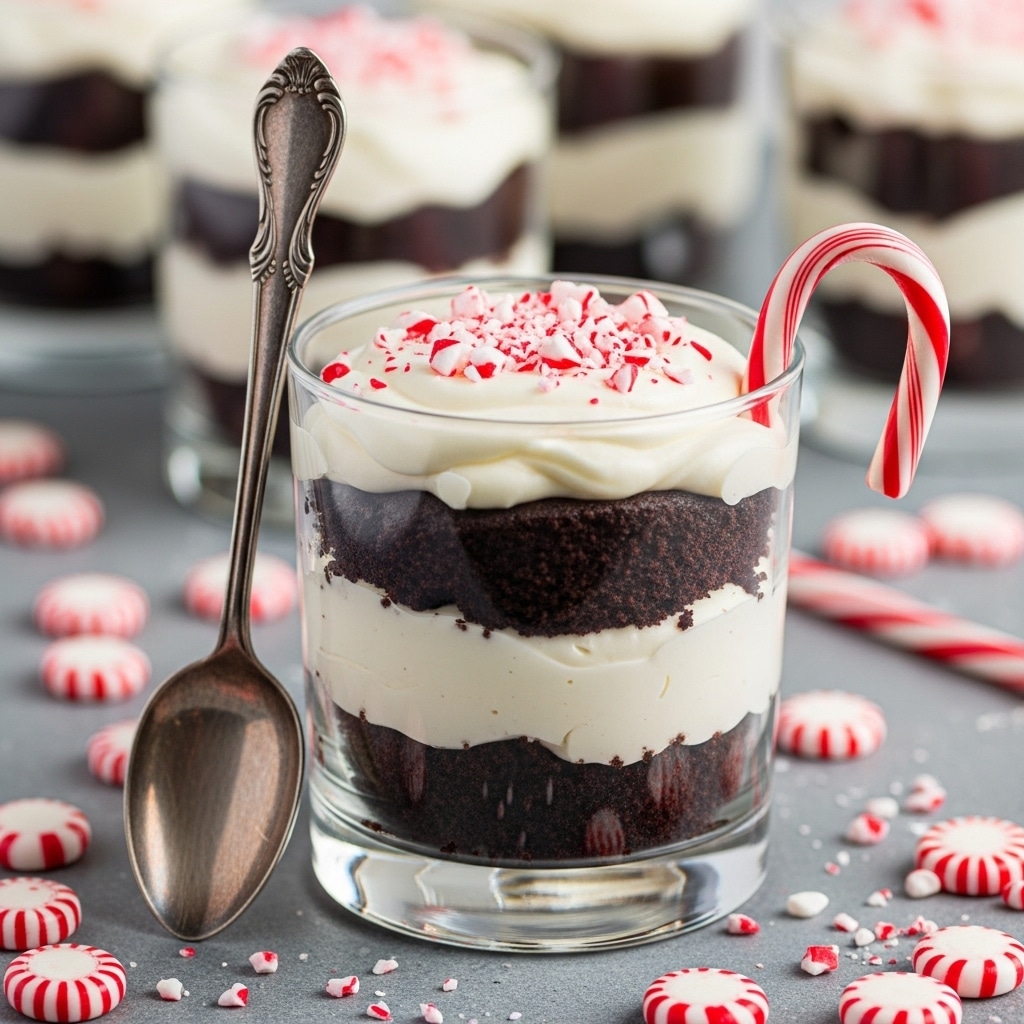 The image shows a clear glass filled with three visible layers: a dark brown crumbly base layer, a thick middle layer of smooth dark chocolate, and a top layer of white creamy whipped topping sprinkled with crushed red and white peppermint pieces. A red and white striped candy cane hangs on the right side of the glass. The glass is set on a white marbled surface, surrounded by red sugared berries and green pine branches with a pine cone, creating a festive feel. In the background, blurred lights and more glasses with the same dessert add to the cozy holiday atmosphere. Photo taken with an iphone --ar 4:5 --v 7