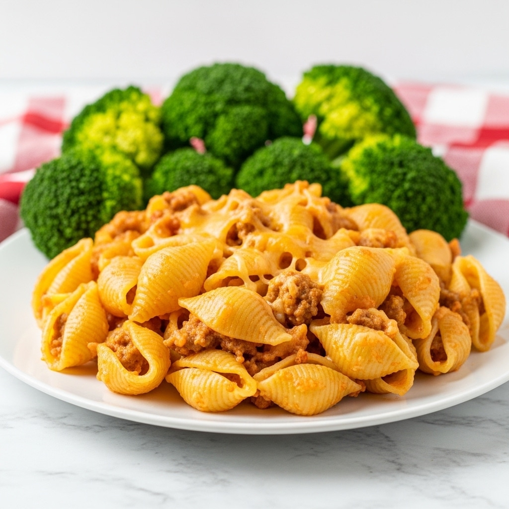 A white plate holds a serving of baked shell pasta mixed with cooked ground meat and melted cheese, showing shades of light golden yellow and browned orange with some crispy edges; the pasta shells are full and textured, coated in a cheesy and meaty sauce, forming one thick layer in the center of the plate. Behind the pasta, there is a group of bright green steamed broccoli florets sitting upright, adding a fresh and vibrant contrast to the dish. The set rests on a white marbled surface with a red and white checkered cloth partially visible in the background. Photo taken with an iphone --ar 4:5 --v 7