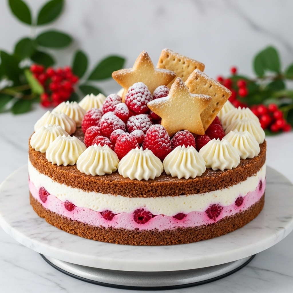 The image shows a round cake with three clear layers: a crumbly brown base, a creamy white middle mixed with red berry bits, and a top layer decorated with swirls of white cream evenly spaced around the edge. At the center, there is a pile of red berries covered lightly with white powdered sugar, topped by two star-shaped cookies standing upright and some rectangular cookies leaning against them. The cake sits on a white marbled surface on a silver cake stand. The background is blurred, with green leaves and red berries adding a festive touch. Photo taken with an iphone --ar 4:5 --v 7