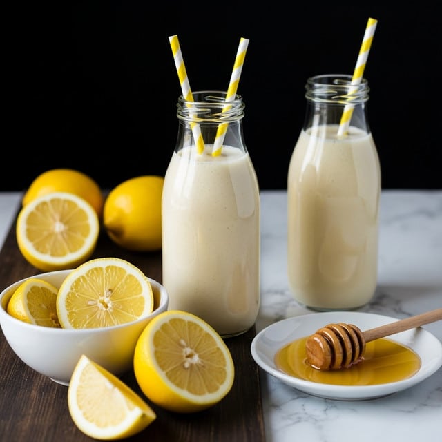 Two tall clear glass bottles filled with a creamy light yellow smoothie stand on a dark wooden surface, each with two yellow and white patterned paper straws inside. In the foreground, slightly blurred, is a white bowl with lemon wedges next to more lemon halves scattered around. Near the bowl is a small white plate holding a honey dipper resting in golden honey. The background is dark, and the entire scene is set on a white marbled texture. photo taken with an iphone --ar 4:5 --v 7