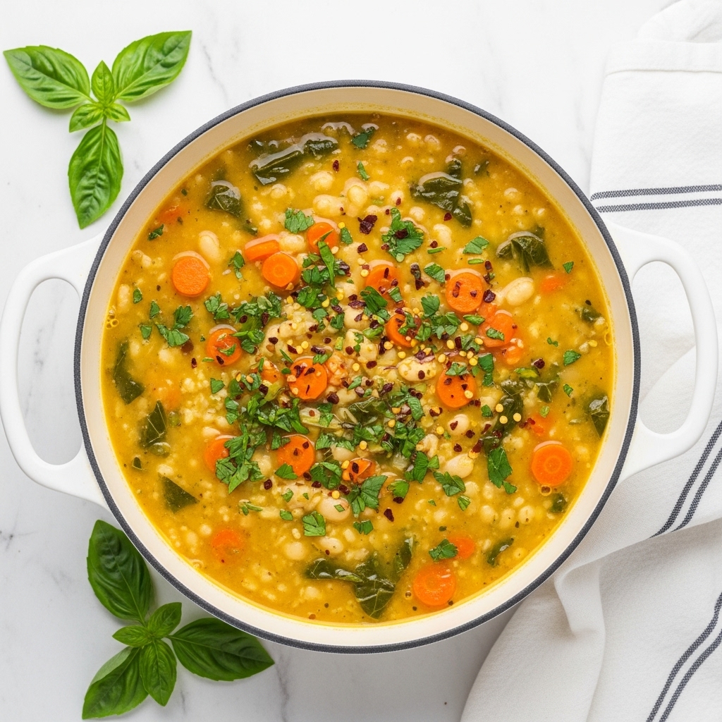 A white pot filled with thick soup that has a creamy yellow base mixed with small orange carrot pieces, green leafy herbs, and white beans or grains. The soup's surface is sprinkled with red chili flakes and chopped green parsley, adding a pop of color. The pot sits on a white marbled surface with a white striped cloth on the right side and scattered fresh basil leaves nearby. photo taken with an iphone --ar 4:5 --v 7