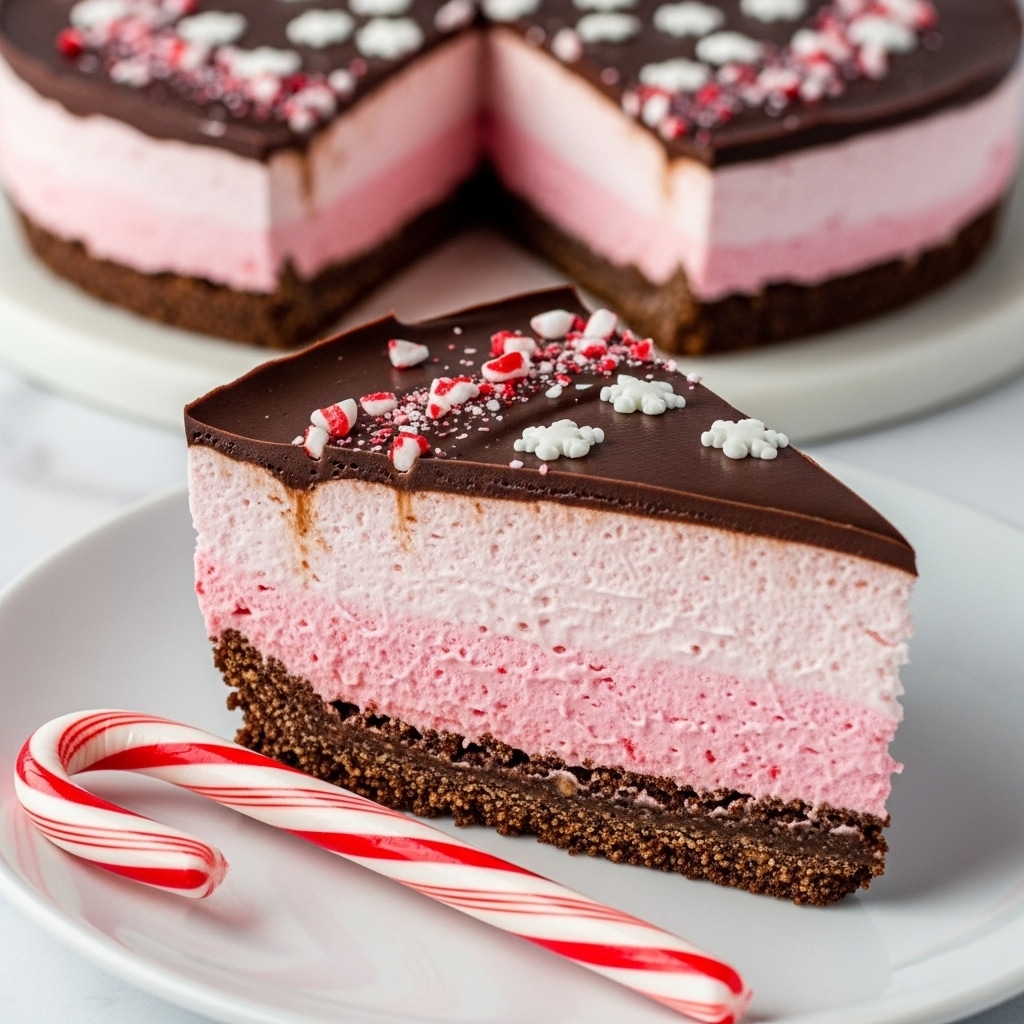 A slice of layered dessert is shown on a white plate with a red and white striped candy cane beside it. The dessert has three clear layers: a dark brown crumbly bottom crust, a thick fluffy light pink middle layer, and a glossy dark chocolate top layer with small crushed red and white peppermint pieces and white snowflake-shaped sprinkles scattered on top. In the background, more of the same dessert is visible on a white marbled surface. Photo taken with an iphone --ar 4:5 --v 7