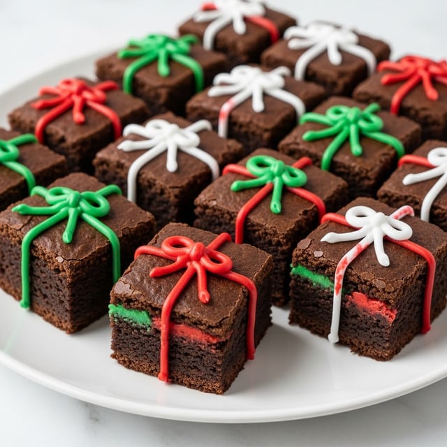 A white plate holds eleven square chocolate brownies arranged closely together. Each brownie has a shiny, slightly cracked dark brown top layer, with frosting on top shaped like gift ribbons and bows in festive colors. The ribbons are red, green, and white, carefully piped across the tops with two crossing lines meeting at the center where a bow is placed. One brownie is cut and laid flat, showing a dense, moist, and fudgy dark brown inside with a layer of green and red frosting visible near the top edge. The plate rests on a white marbled surface. photo taken with an iphone --ar 4:5 --v 7