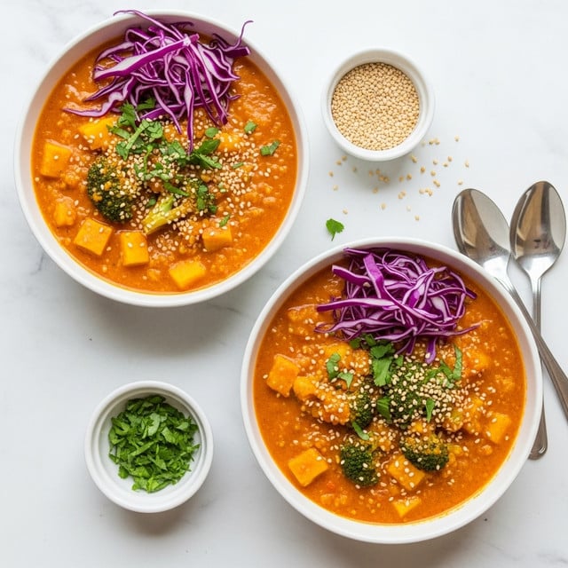 Two white bowls filled with a thick orange stew that has visible small cubes of yellow vegetables and pieces of broccoli throughout. Each bowl is topped with a small pile of thin, shredded purple cabbage and sprinkled with chopped green herbs and white sesame seeds. The bowls sit on a white marbled surface, with a small white bowl of sesame seeds near the top right, a small white bowl of chopped green herbs near the bottom left, and two silver spoons placed on the right side. Photo taken with an iphone --ar 4:5 --v 7