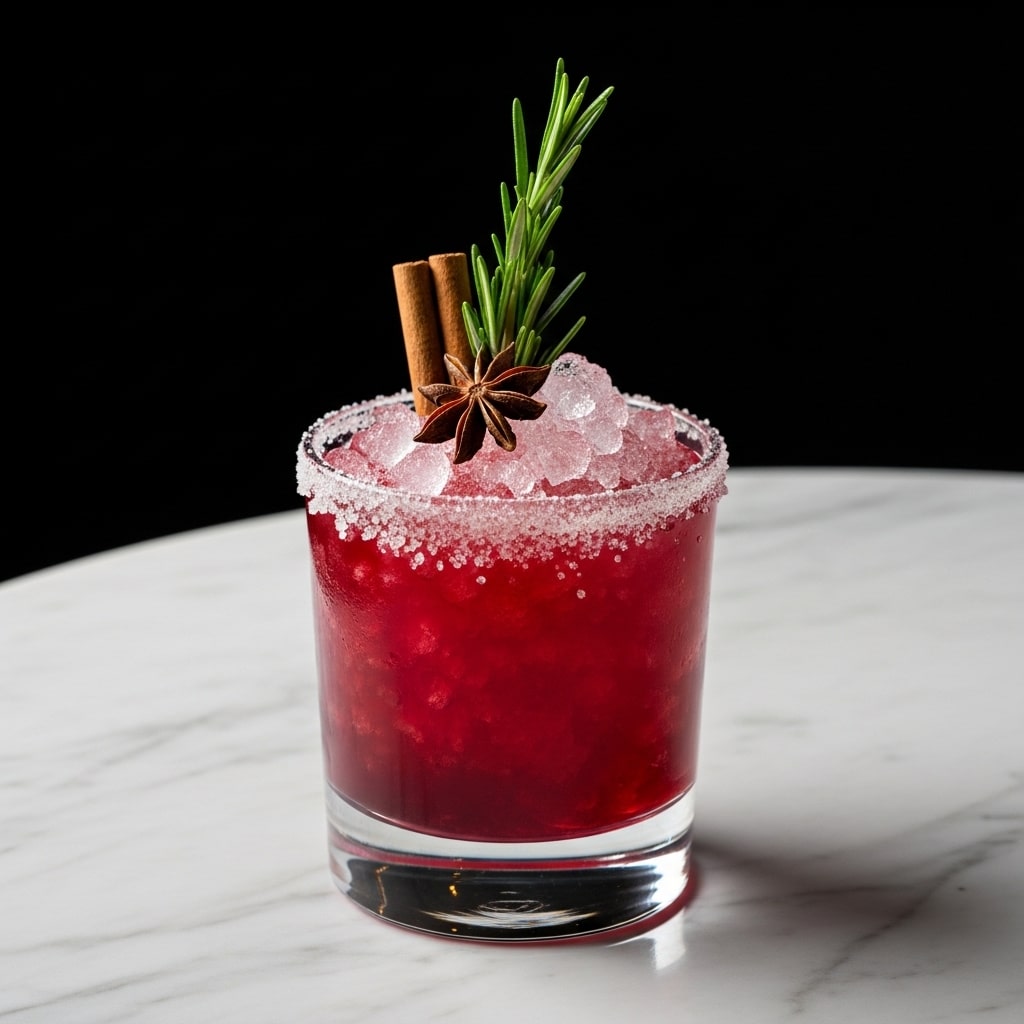 A clear glass filled with dark red liquid and topped with crushed ice creates a textured top layer. The rim of the glass is coated thickly with white sugar crystals. Garnishing the drink are two cinnamon sticks, a dark brown star anise, and a small bunch of green rosemary sprigs, all standing upright from the ice near the edge of the glass. The glass sits on a white marbled surface with a plain black background. photo taken with an iphone --ar 4:5 --v 7