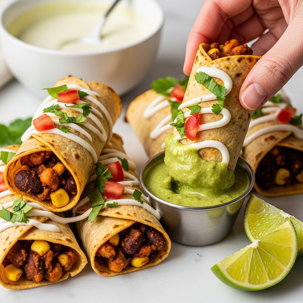 A close-up image shows several rolled tortillas filled with a textured mix of brown beans, corn, and possibly some meat, each topped with white sauce drizzles, scattered fresh green herbs, and small chopped red tomatoes. One tortilla is being held by a woman's hand and is dipped into a small metal bowl of thick, bright green sauce. The tortillas are placed on a white marbled surface, with a lime wedge to the side and a white bowl filled with a creamy white sauce with a spoon inside, slightly blurred in the background. The tortillas have a golden-brown color and the garnishes add fresh contrasts to the image. photo taken with an iphone --ar 4:5 --v 7