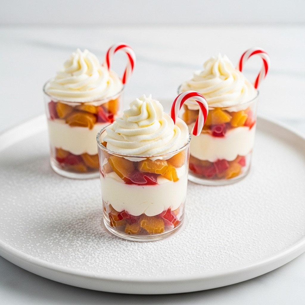 The image shows three clear glass cups filled with a tri-layer dessert placed on a large white plate with powdered sugar dusted on one side. Each cup has a bottom layer of chopped red and orange fruit pieces, topped with a thick creamy white layer, and followed by another thin layer of orange fruit chunks. On top of each dessert is a generous swirl of white whipped cream, and a small red and white striped candy cane is placed inside, leaning against the cream. The cups and plate rest on a white marbled surface. photo taken with an iphone --ar 4:5 --v 7