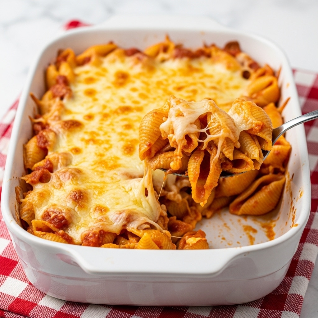 The image shows a white baking dish filled with baked pasta. The top layer is golden-brown melted cheese with some crispy spots. Underneath, there are shell pasta pieces coated in a reddish sauce mixed with melted cheese. A spoon is lifting a portion of the pasta, displaying the layers clearly: cheesy top, saucy pasta shells below. The dish rests on a red and white checkered cloth, and the background has a white marbled texture. photo taken with an iphone --ar 4:5 --v 7