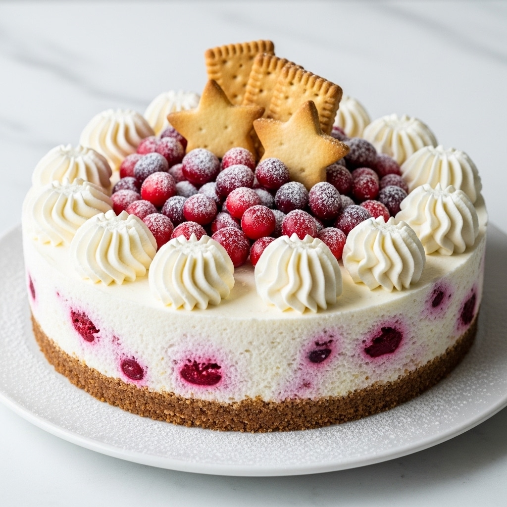 A round cheesecake with a crumbly brown base layer, topped by a thick creamy white layer mixed with visible red berry pieces inside. Around the top edge, there are evenly spaced swirls of white whipped cream. The center is filled with a heap of fresh red cranberries dusted with powdered sugar. Two star-shaped cookies and some rectangular cookies are placed upright in the middle of the cranberries. The cake is on a white plate with a slight dusting of powdered sugar on the plate edges, set against a white marbled surface. photo taken with an iphone --ar 4:5 --v 7