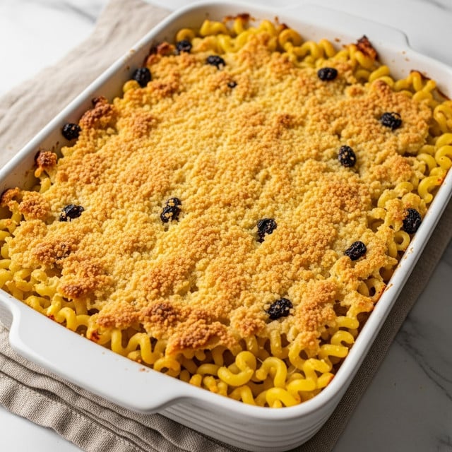 A baked pasta dish in a white rectangular ceramic dish with a lightly browned, crispy top layer. The top layer is golden yellow with a slightly rough texture, showing small browned spots and scattered dark raisins. The pasta pieces underneath are visible in yellow tones, curled and mixed well within the creamy baked surface. The dish rests on a white marbled surface, with a natural fabric napkin nearby. Photo taken with an iphone --ar 4:5 --v 7