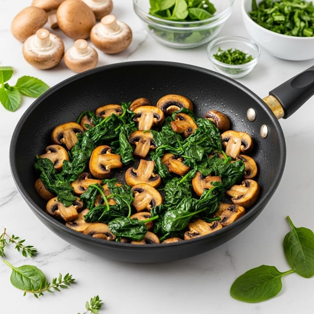 The image shows a black frying pan filled with cooked sliced brown mushrooms and wilted dark green spinach leaves. The mushrooms are golden brown with a slight shine, and the spinach looks soft and mixed evenly throughout. The pan's handle extends to the right side and rests on a white marbled surface. Around the pan, there are fresh whole mushrooms, scattered sprigs of green herbs, a glass bowl with some green herbs inside, and a bowl with chopped green leaves in the background. photo taken with an iphone --ar 4:5 --v 7