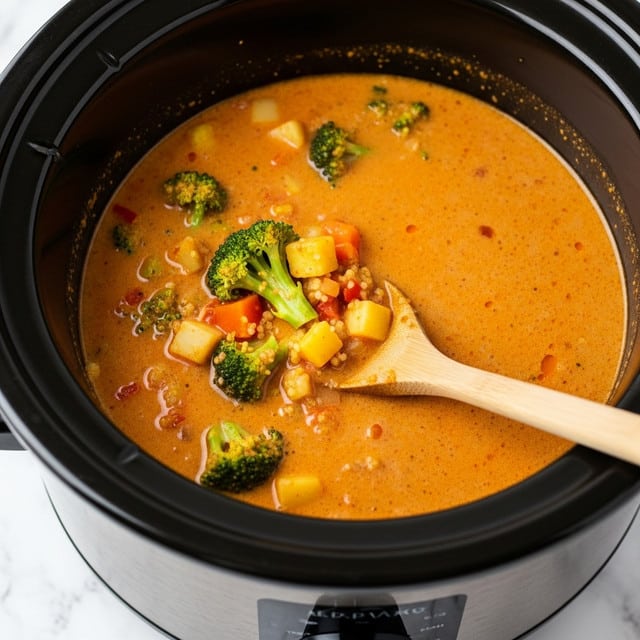 A close-up view of a black slow cooker filled with thick orange soup that has visible pieces of green broccoli florets and small cubes of light yellow vegetables, with some red bits mixed in. A wooden spoon is partially submerged in the soup near the center, showing the creamy texture and chunky ingredients. The slow cooker rests on a white marbled surface. Photo taken with an iphone --ar 4:5 --v 7