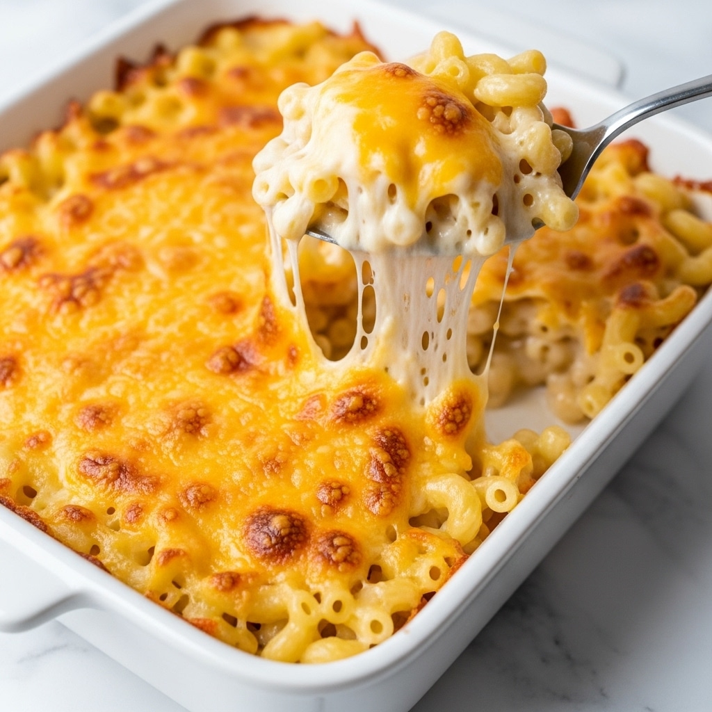 A close-up view of a baked macaroni and cheese dish in a white rectangular baking dish set on a white marbled surface. The dish has a top layer of golden brown, slightly crispy melted cheese with a textured pattern of bubbly spots. A shiny silver spoon lifts a generous scoop from the dish, showing a thick layer of creamy yellow cheese stretching in long, gooey strings from the baked pasta below. The macaroni beneath is pale yellow and soft, with the melted cheese coating each piece evenly. Photo taken with an iphone --ar 4:5 --v 7