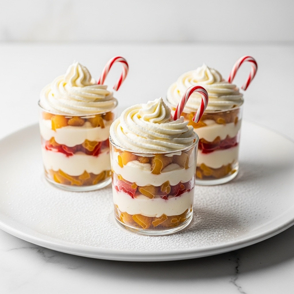 Three small clear glass cups sit on a large white plate with a dusting of powdered sugar around them. Each cup has three visible layers: a bottom layer of small, golden and red fruit pieces, a middle layer of smooth, creamy white filling, and a top layer of more fruit pieces. Each cup is topped with a swirl of white whipped cream, with a red and white striped candy cane stuck in the cream. The white plate rests on a white marbled surface. photo taken with an iphone --ar 4:5 --v 7