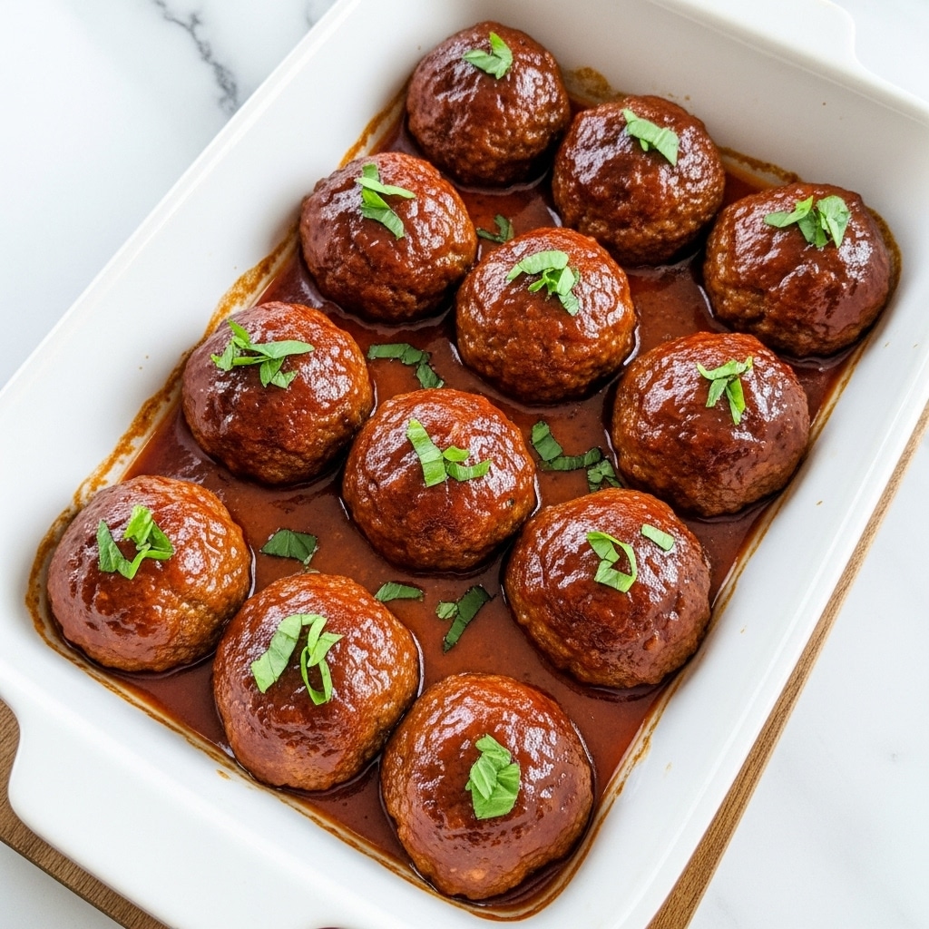 A white ceramic baking dish filled with eleven browned meatballs, each coated in a shiny reddish-brown sauce. The meatballs are evenly spaced and garnished with small pieces of fresh green herbs scattered over the top. The sauce pools lightly around the meatballs, creating a glossy, slightly oily texture. The dish is set on a wooden board, but the overall background shows a white marbled texture. photo taken with an iphone --ar 4:5 --v 7