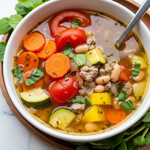 A close-up view of a white bowl filled with vegetable soup, showing multiple layers: bright orange carrot slices, large red tomato chunks, pale yellow and green zucchini pieces, white beans, and small bits of ground meat, all floating in a clear, golden broth with herbs sprinkled on top. The soup has a mix of chunky and soft textures with fresh green leaves scattered over it. A spoon rests inside the bowl, and the bowl is placed on a wooden tray with green herbs around it, all set on a white marbled surface. photo taken with an iphone --ar 4:5 --v 7