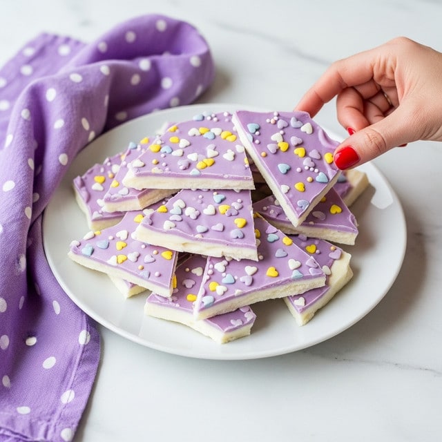 The image shows a white plate filled with pieces of unicorn bark, a treat made with layers of white and light purple yogurt bark that has a smooth, slightly glossy texture. The bark is broken into irregular, medium-sized shards stacked loosely on the plate. The top purple layer is decorated with small colorful sprinkles, including white, yellow, and lavender shapes like hearts and dots scattered evenly across the surface. A woman's hand with red-painted nails is reaching from the right side to grab a piece of the bark. The scene is set on a white marbled surface with a folded purple cloth with white polka dots placed casually to the left of the plate. photo taken with an iphone --ar 4:5 --v 7