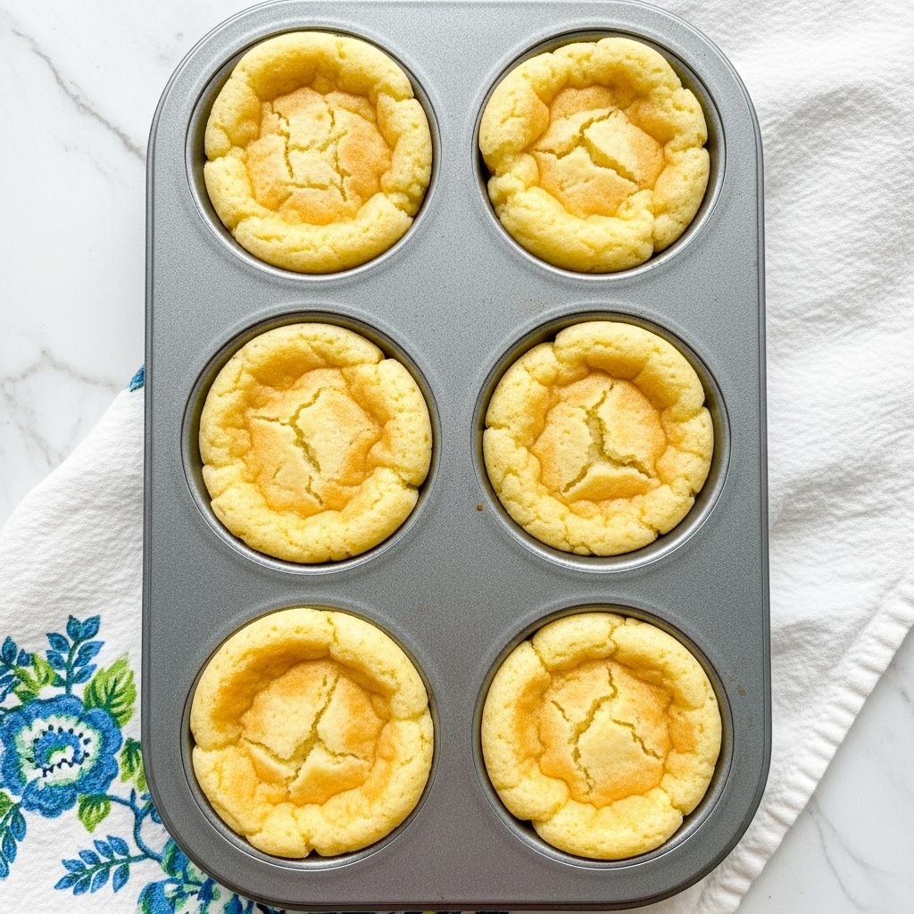 A grey metal six-cup muffin pan holds six small baked cakes with a golden-brown top that is slightly cracked and uneven, showing soft yellow interiors beneath. The muffins are evenly spaced in the pan with a smooth, light crust around the edges and a slightly puffy middle layer. The pan rests on a white marbled textured surface covered partly by a white cloth with a blue and green floral pattern peeking out from underneath. photo taken with an iphone --ar 4:5 --v 7
