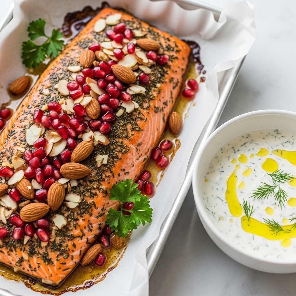 This image shows one large cooked salmon fillet with an orange-brown crispy surface. The top of the salmon has a layer of green herbs and oil, covered with scattered red pomegranate seeds, whole brown almonds, and thin white almond slices. There are small green parsley leaves on top and around the salmon. To the left, a small white bowl holds a creamy white sauce with small green herbs and yellow lemon zest sprinkled on top. Everything sits on brown parchment paper over a baking tray, placed on a white marbled surface. photo taken with an iphone --ar 4:5 --v 7