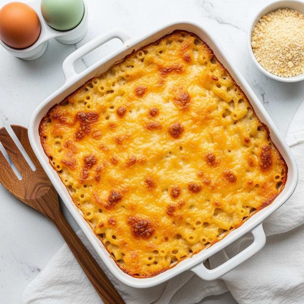 A square white ceramic baking dish filled with a thick, golden-brown baked macaroni and cheese, showing a bubbly, melty cheese crust on top with small browned spots scattered across. The top layer is rich and slightly textured cheese that looks creamy and soft underneath. The dish is placed on a white marbled textured surface with a wooden serving spoon and a white cloth partially under the dish. Nearby, there are two eggs, one brown and one green, in a white egg holder and a small bowl of bread crumbs visible to the side. photo taken with an iphone --ar 4:5 --v 7
