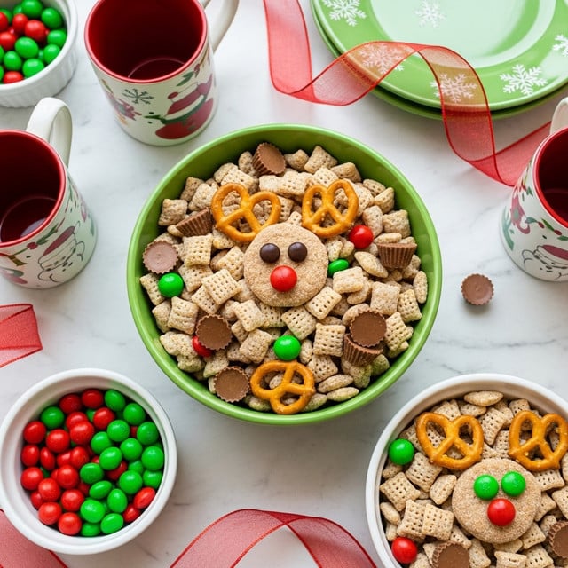 The image shows a round green bowl filled with a mix of small, square, light brown cereal pieces coated in a powdery layer, scattered pretzels with a shiny, golden-brown color, red and green candy-coated chocolates spread evenly throughout, and several miniature peanut butter cups placed on top and mixed in. The bowl is sitting on a white marbled surface with a sheer red ribbon loosely curled near it. Photo taken with an iphone --ar 4:5 --v 7