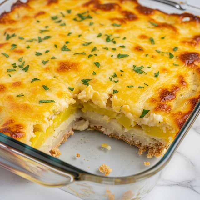 The image shows a baked dish in a clear rectangular glass tray with a layer of creamy cooked noodles mixed with sauce, topped with a golden melted cheese crust that has small sprinkles of green herbs. A portion of the dish has been scooped out from the bottom left corner, revealing soft noodles coated in a white sauce underneath the browned cheese layer. The glass tray rests on a white marbled surface, and the dish looks warm and cheesy with a slightly crispy top layer. Photo taken with an iphone --ar 4:5 --v 7