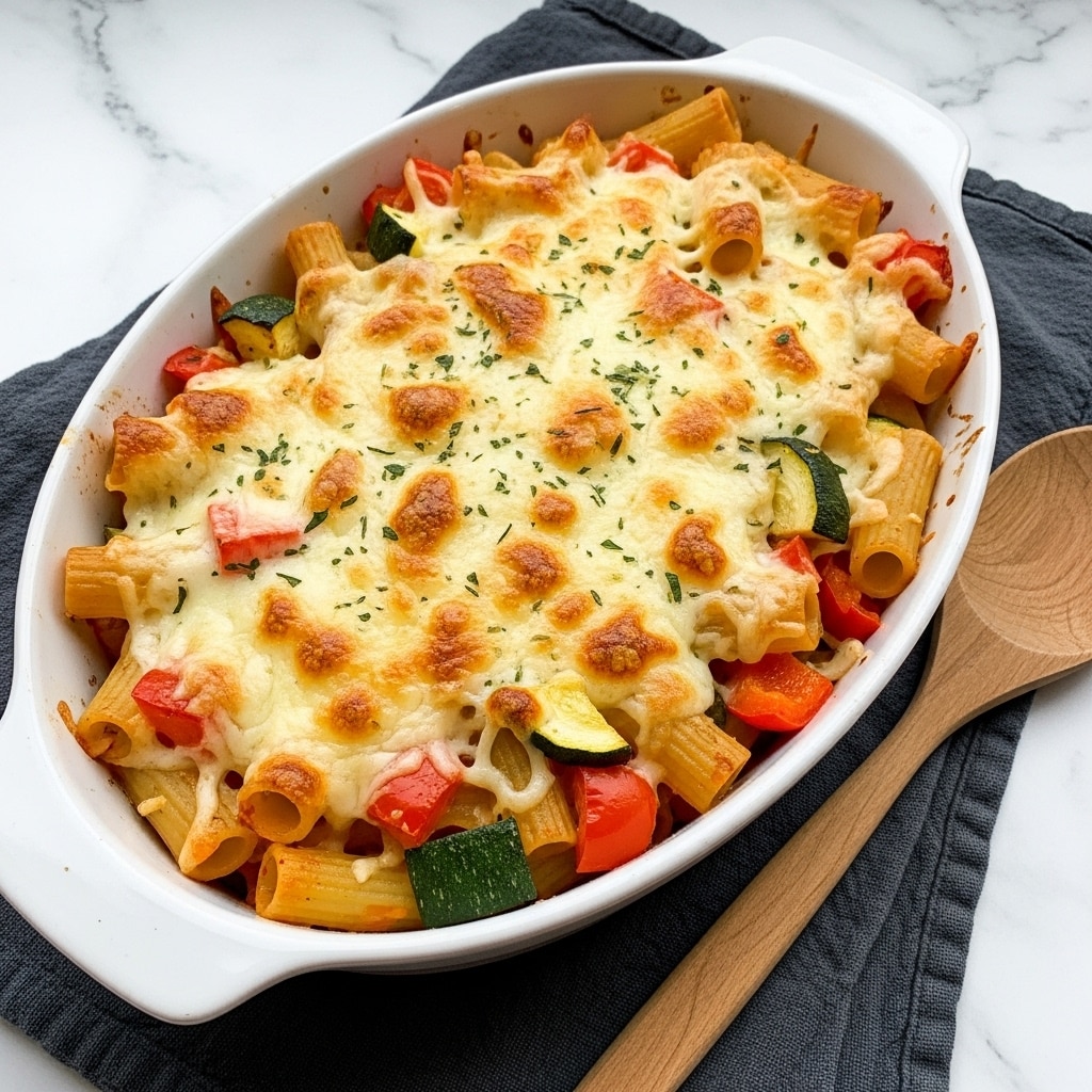 A white oval baking dish filled with baked pasta topped with a golden, bubbly layer of melted cheese with small browned spots. The pasta under the cheese is rigatoni mixed with chunks of vegetables like red bell peppers and zucchini, showing orange and green pieces scattered inside. The cheesy top has a slightly crispy texture and is sprinkled with small green herb bits for color. The dish is placed on a dark gray cloth on a white marbled surface, with a wooden spoon next to it. Photo taken with an iphone --ar 4:5 --v 7