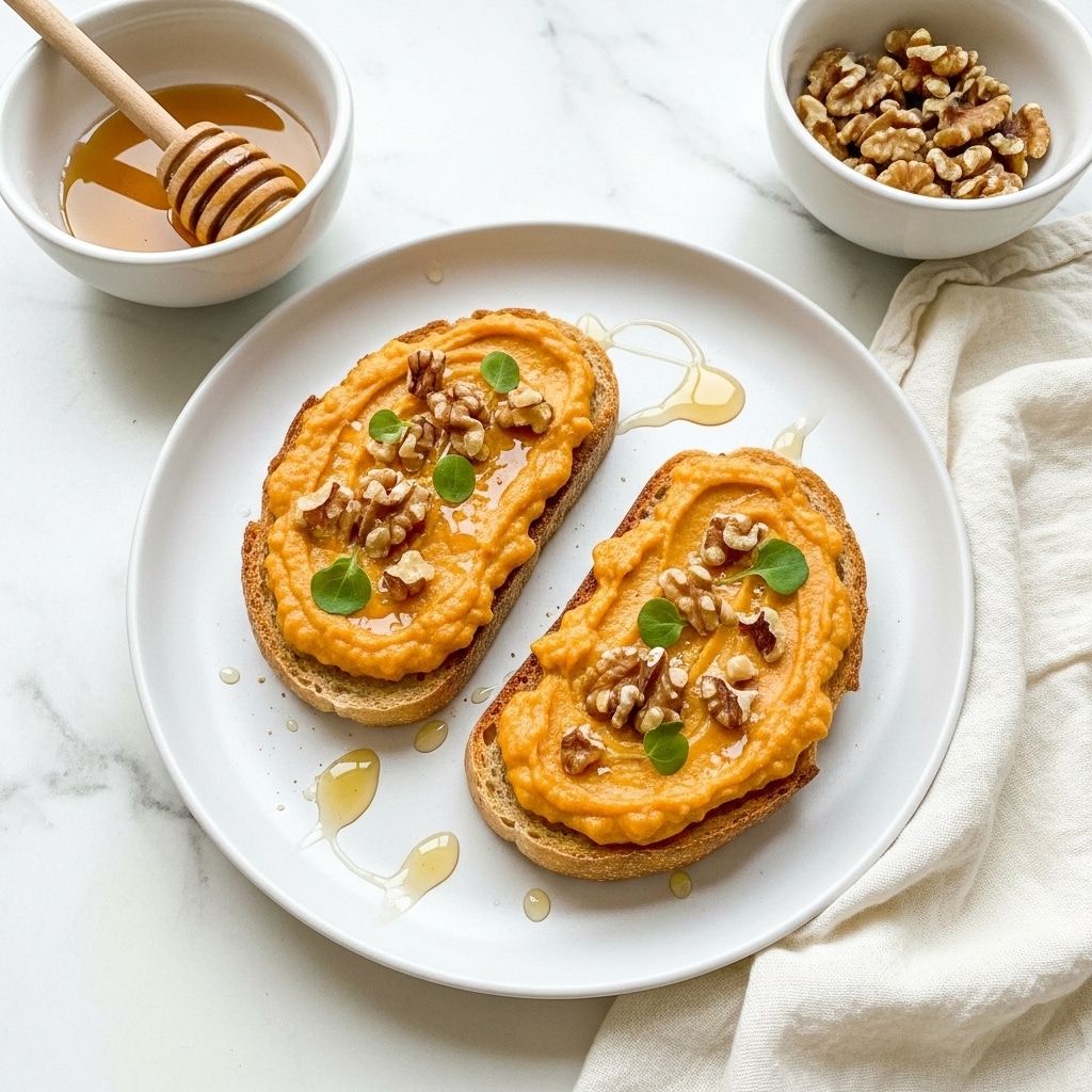 Two slices of toasted bread lay side by side on a white plate, each slice topped with a thick, creamy orange spread. On top of the spread are scattered pieces of walnut and small green herb leaves. A light drizzle of honey can be seen around the bread on the plate. The plate is placed on a white marbled surface, next to a white bowl with a wooden honey dipper resting inside, and another white bowl filled with walnut pieces. A soft white cloth lies partially under the plate. photo taken with an iphone --ar 4:5 --v 7