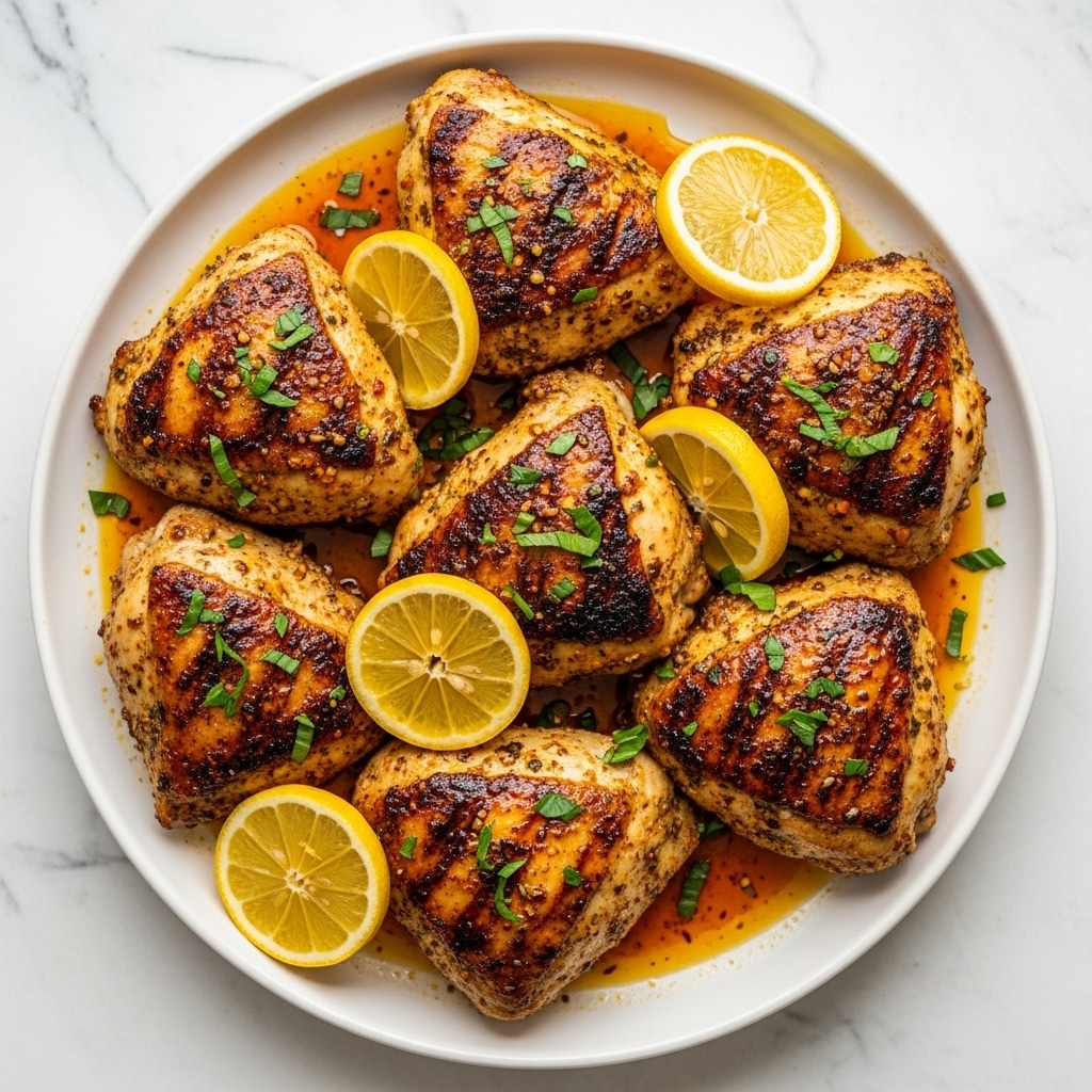 A white round plate holds six grilled chicken pieces with a golden-brown, slightly charred skin covered in spices and herbs. The chicken is arranged closely together, with slices of bright yellow lemon placed among the pieces. The dish is topped with small pieces of green herbs scattered across the chicken and the plate, while a shiny, oily sauce pools at the bottom, adding a rich orange-brown color around the chicken. The whole scene is set on a white marbled texture surface. photo taken with an iphone --ar 4:5 --v 7