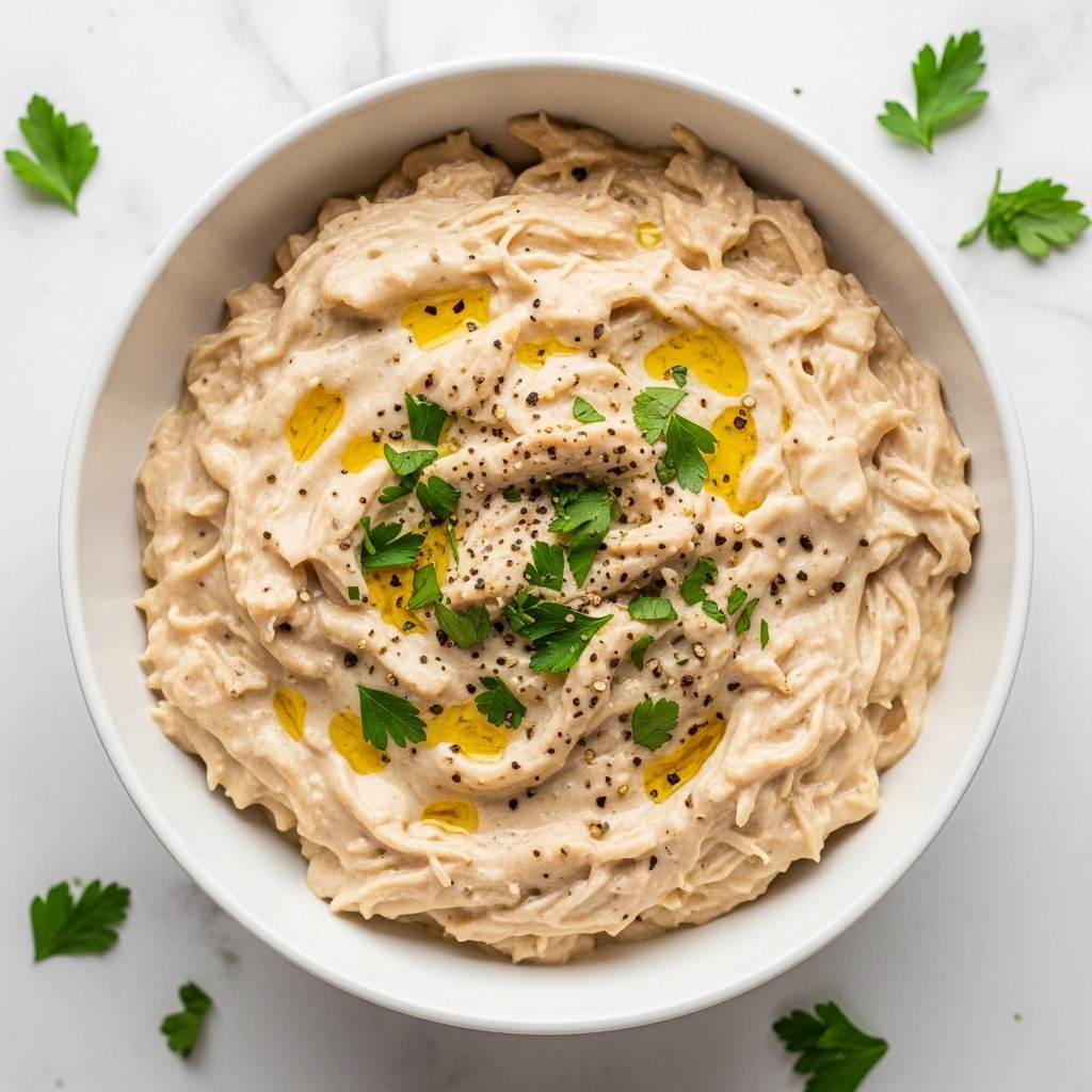 A white bowl filled with shredded chicken mixed in thick creamy sauce that is light beige with a smooth and slightly glossy texture, showing some oily spots. The top is sprinkled with chopped green parsley and small black pepper flakes, adding color contrast. The bowl is sitting on a white marbled surface with scattered parsley leaves around. photo taken with an iphone --ar 4:5 --v 7
