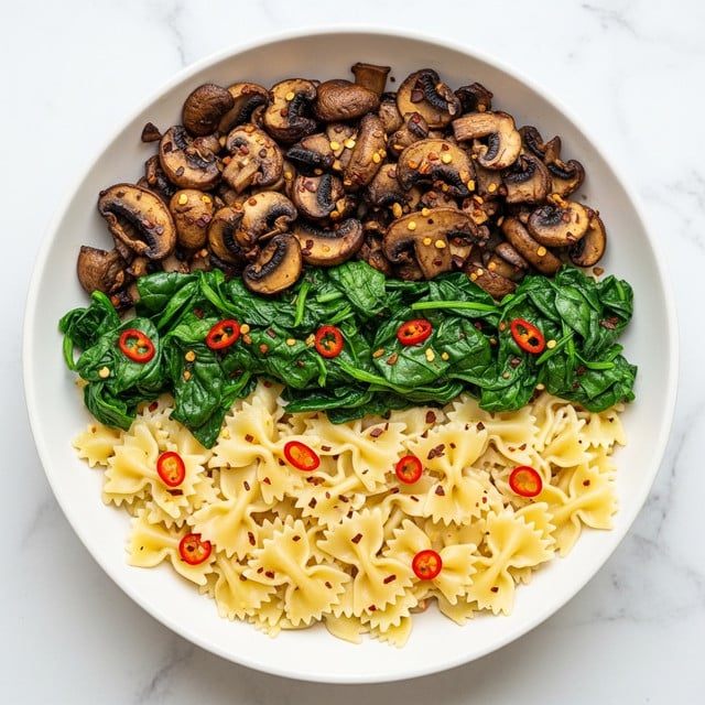 The image shows a white bowl filled with three layers of food: the first layer has small farfalle pasta shapes cooked to a light yellow color, the second layer has sautéed dark green spinach leaves spread evenly on top of the pasta, and the third layer is a mix of sliced, browned mushrooms with a glossy texture, scattered over the spinach. There are small red chili flakes sprinkled all over the dish, adding a pop of color. The bowl is set on a white marbled surface. Photo taken with an iphone --ar 4:5 --v 7