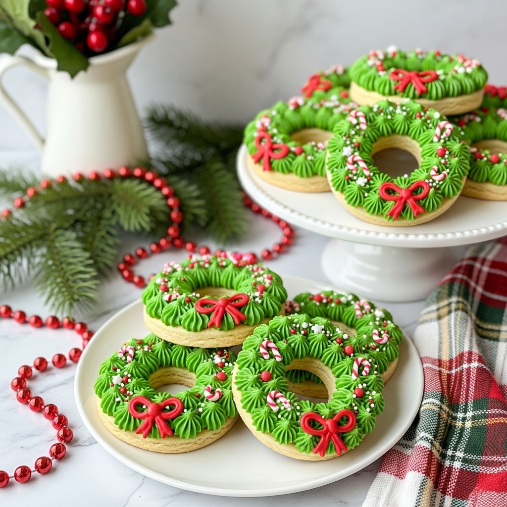 This image shows two groups of ring-shaped cookies decorated to look like Christmas wreaths. Each cookie has a golden-brown base with a thick layer of textured bright green frosting on top, shaped like leaves. The frosting is decorated with small red and white round sprinkles and tiny candy cane shapes in red and white. At the bottom of each wreath, there is a red icing bow that adds detail. The cookies are arranged on a white plate in the front and a white cake stand in the back. The background features green pine needles and red bead garlands on a white marbled surface. There is a white pitcher with some green leaves and red berries in the top left corner, and a folded plaid cloth with red, green, and white colors is placed near the plate. photo taken with an iphone --ar 4:5 --v 7