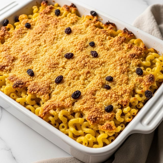 A golden baked noodle pudding in a white rectangular baking dish, filled with soft egg noodles mixed with small dark raisins, showing a textured, slightly browned top layer with swirls and crispy edges; the noodles have a pale yellow color beneath the browned surface. The dish sits on a white marbled surface alongside a white plate with a fork, a white cloth with a textured pattern, a bowl of eggs in the background, and uncooked pasta pieces scattered nearby. photo taken with an iphone --ar 4:5 --v 7