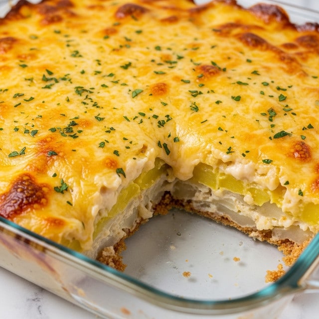 A close-up view of a cheesy casserole in a glass baking dish on a white marbled surface. The dish has two main layers: the bottom layer is creamy and light beige, with soft potato or similar texture, while the top layer is golden yellow melted cheese with spots of brown from baking. Small green herbs are sprinkled on the cheese, adding fine contrast. A portion of the casserole is missing from the front right, showing the creamy inside. Some crumbs and sauce are visible around the empty space inside the dish. Photo taken with an iphone --ar 4:5 --v 7