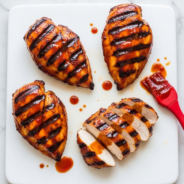 The image shows four pieces of grilled chicken breasts on a white cutting board set on a white marbled surface. Three whole chicken breasts are golden brown with dark grill marks, covered in a shiny, dark reddish-brown sauce that looks sticky and rich. The fourth chicken breast is sliced into thick, uneven pieces revealing moist, white meat inside with the same sauce on the edges. There is a red basting brush with some sauce on the right side of the board, resting partly off the edge. Droplets and small pools of the sauce are scattered on the cutting board in between the chicken pieces. Photo taken with an iphone --ar 4:5 --v 7