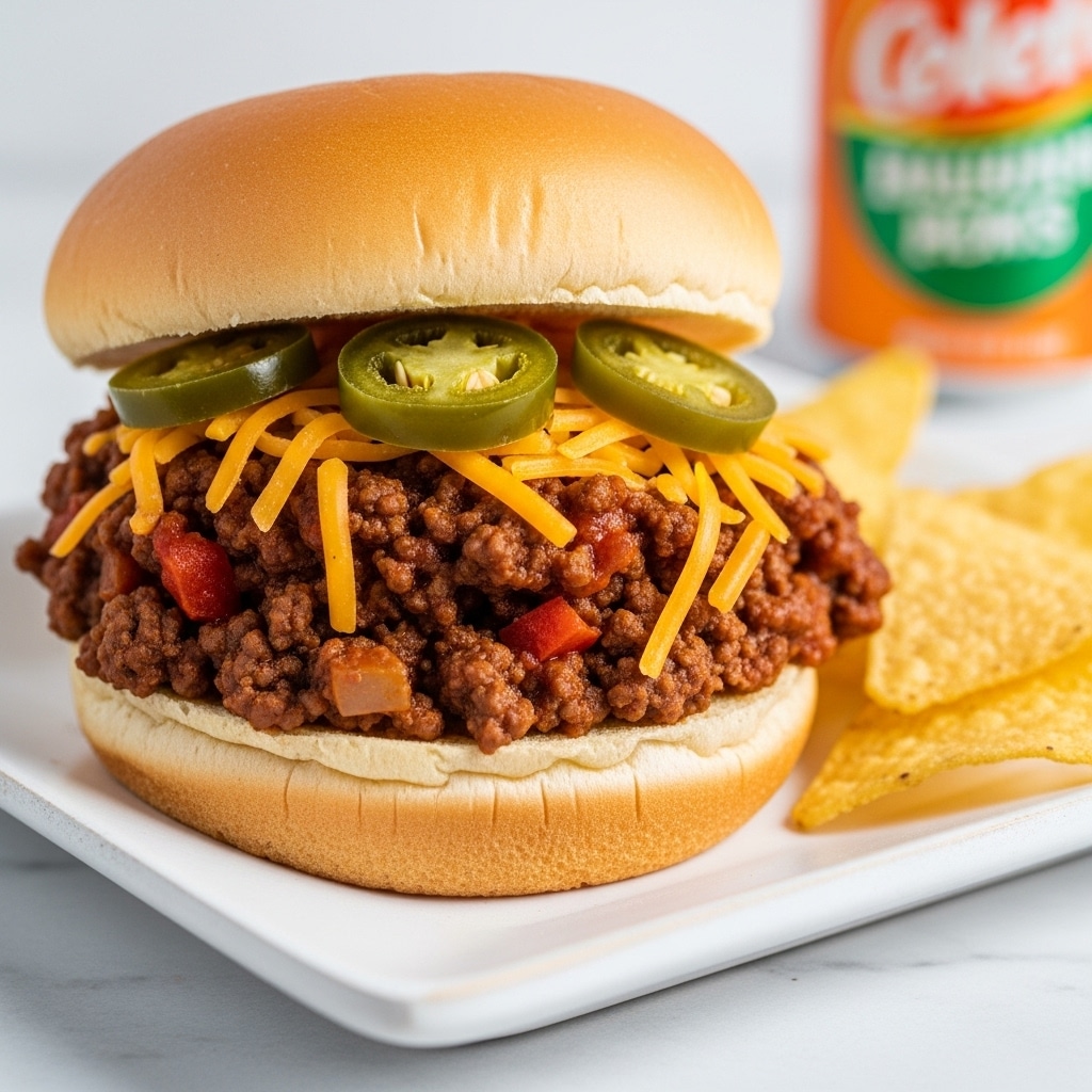 A sandwich with three visible layers sits on a white wooden tray with a white marbled texture surface underneath. The bottom layer is a white sesame seed sandwich bun that looks soft. The middle layer is a rich, loose mix of cooked ground beef with a reddish-brown color and visible small chunks of vegetables in sauce. The top layer is a small pile of shredded bright orange cheddar cheese, topped with a few round slices of green jalapeño peppers. The sandwich is paired with crispy yellow corn chips on the tray and a colorful canned drink blurred in the background. photo taken with an iphone --ar 4:5 --v 7