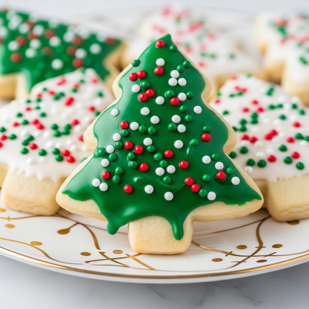 A close-up image of Christmas-themed sugar cookies on a white marbled surface, each cookie has a thick layer of smooth frosting in bright colors; one shaped like a Christmas tree is covered with white frosting and sprinkled with small red, green, and white round sprinkles, another tree-shaped cookie has green frosting with similar sprinkles, a star-shaped cookie is decorated with shiny red sugar crystals, a candy cane cookie has white frosting with tiny red and green sprinkles, and a red triangle-shaped cookie is topped with red frosting and round green, red, and white sprinkles. photo taken with an iphone --ar 4:5 --v 7