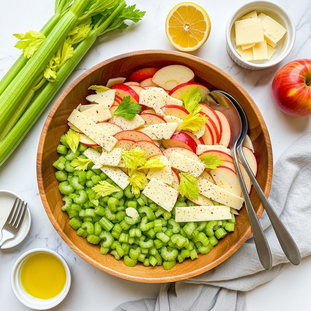 A wooden bowl filled with a fresh salad made of three main layers: bright green chopped celery pieces at the base, thin red and white apple slices mixed throughout the celery, and pale yellow cheese slices scattered on top. The salad is sprinkled with small pieces of celery leaves and ground black pepper, adding texture and color contrast. Two silver salad serving spoons rest on the right side of the bowl. Surrounding the bowl on a white marbled texture are a bunch of celery stalks, a halved lemon, a small white bowl with more cheese slices, a reddish apple, and a small bowl with olive oil and a fork. A light gray cloth lies near the bottom right of the wooden bowl. photo taken with an iphone --ar 4:5 --v 7