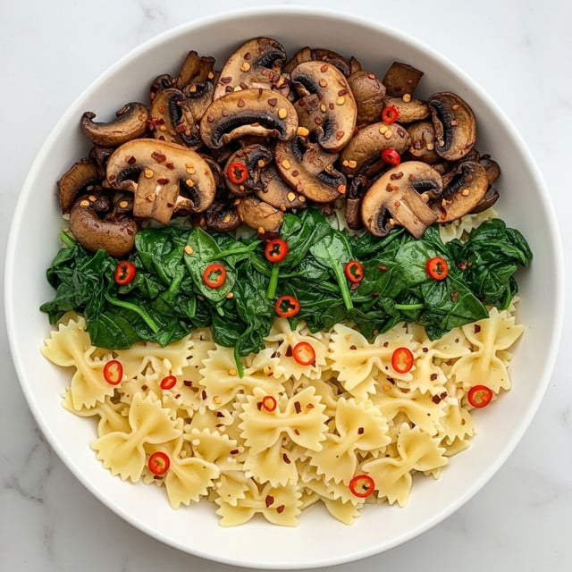 A white bowl filled with farfalle pasta mixed with sautéed kale and sliced brown mushrooms on top. The pasta is light yellow, smooth, and slightly shiny. The kale is dark green and looks soft, scattered evenly throughout the dish. The mushroom slices are medium brown with a slightly glossy texture, placed mainly on top in an inviting way. The background shows a white marbled surface. Photo taken with an iphone --ar 4:5 --v 7