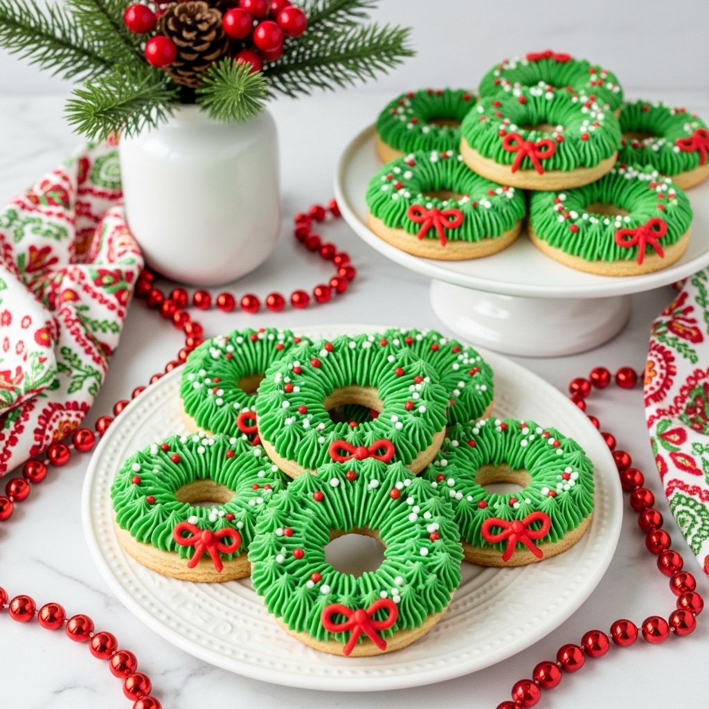 The image shows two white plates with wreath-shaped cookies that look like Christmas wreaths. Each cookie has one golden-brown base layer with thick, bright green frosting piped in small pointed shapes all around the circle to look like pine needles. On top of the green frosting, there are tiny white and red round sprinkles scattered evenly. Near the bottom of each cookie is a delicate red bow made of icing. One plate is flat with six cookies arranged overlapping each other, while the other plate is a raised pedestal dish with more cookies stacked in a loose circle behind the first plate. The scene is set on a white marbled surface, surrounded by a red beaded garland, a white vase with green pine branches and red berries, and a colorful red, green, and white cloth on the side. Photo taken with an iphone --ar 4:5 --v 7