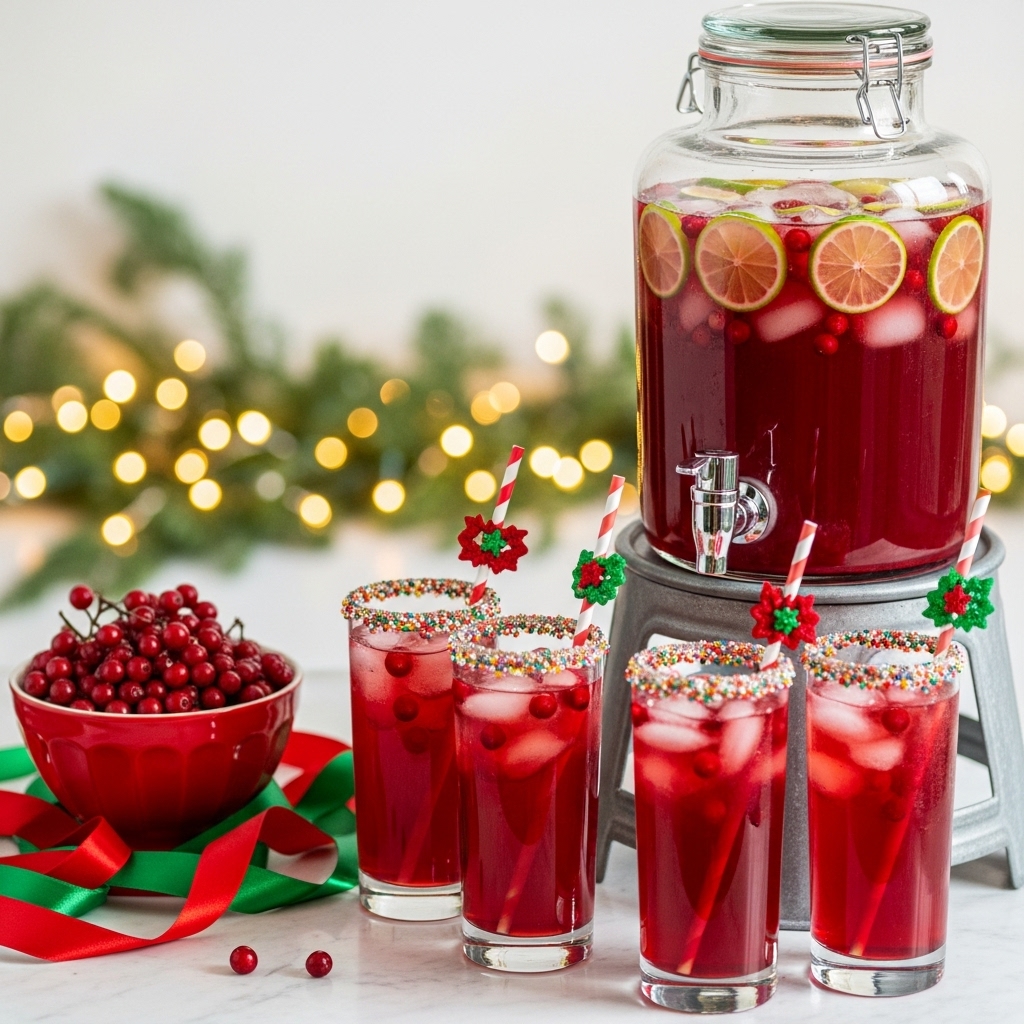 A large clear glass drink dispenser filled with a deep red liquid is on a grey metal stand. Inside the dispenser near the top are floating round lime slices, white ice cubes, and small red berries. In front, there are four tall clear glasses filled with the same red drink, ice cubes, and red berries. Each glass has a colorful straw with a Christmas decoration attached, and the rims are coated with colorful sprinkles. To the left, a red bowl full of red berries sits next to bright red and green ribbons, all set on a white marbled surface with a softly blurred background of Christmas lights and greenery. Photo taken with an iphone --ar 4:5 --v 7