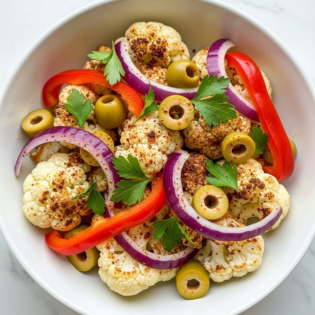 A white bowl filled with a colorful cauliflower salad. The base layer is made of large white cauliflower florets with a slightly toasted texture. Scattered throughout are thick slices of red onion offering a purple shade and slices of green olives with a hollow center. Bright red pepper strips add a pop of color on top. Fresh green parsley is sprinkled generously over the salad. The dish is lightly coated with a reddish spice mix and some oil, giving it a slight shine. The bowl is set on a white marbled surface. photo taken with an iphone --ar 4:5 --v 7