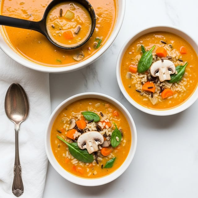 Two white bowls filled with orange creamy soup sitting on a white marbled surface. The soup has visible whole mushroom slices, small orange carrot cubes, green spinach leaves, and bits of wild rice scattered throughout. The texture of the soup looks smooth but thick with some small chunks from the vegetables. A large white bowl of the same soup is in the top left corner with a black ladle scooping the soup, resting on a white cloth next to a vintage silver spoon. The overall look is warm and inviting with fresh vegetable details. photo taken with an iphone --ar 4:5 --v 7