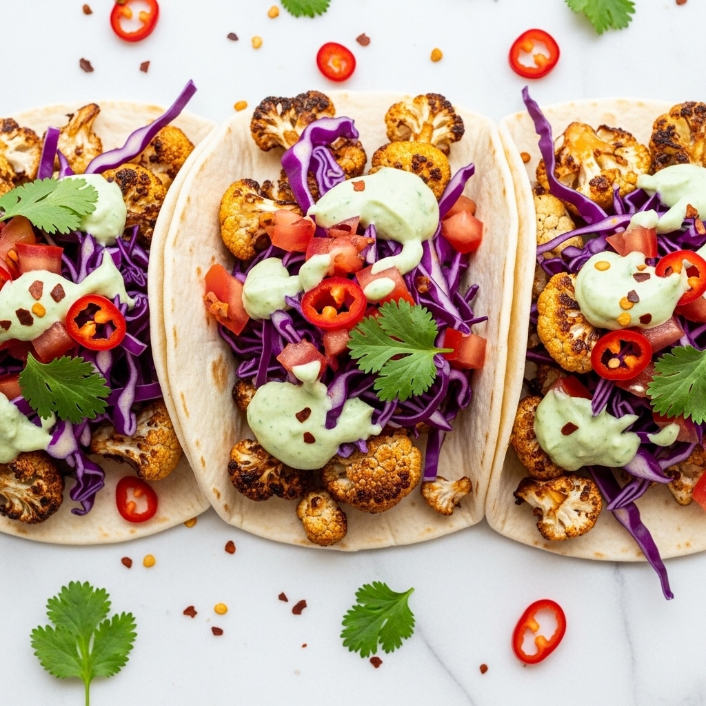 The image shows three soft white corn tortillas topped with layers of roasted, slightly charred cauliflower pieces that have a golden brown color. On top of the cauliflower, there is a mix of finely chopped red cabbage, diced red tomatoes, and fresh green cilantro leaves. Over the vegetables and cauliflower, a light green creamy sauce is drizzled evenly with some red chili flakes scattered around for extra color. The tortillas rest on a white marbled textured surface with some loose bits of ingredients spread around. Photo taken with an iphone --ar 4:5 --v 7
